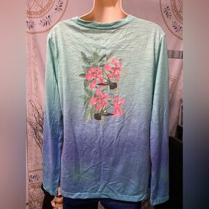 NWT Guy Harvey Womens Long Sleeve Shirt Lg Blue Green Cotton Floral Hummingbird
